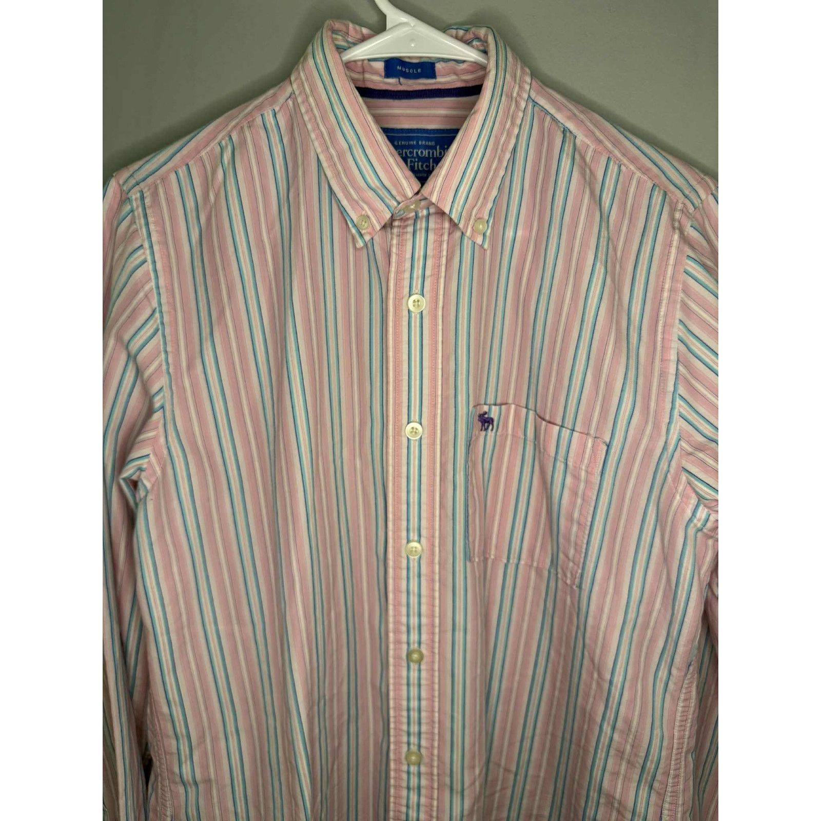Abercrombie & Fitch Abercrombie & Fitch Muscle Striped Button-Down Shirt Pink L Size US L / EU 52-54 / 3 - 6 Thumbnail