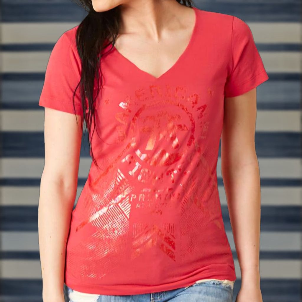 Vintage American Fighter By Affliction Mitchell Women's L Red V-Neck Graphic T-Shirt MMA Gymwear Athletic Biker Tee Optic Size L / US 10 / IT 46 - 1 Thumbnail