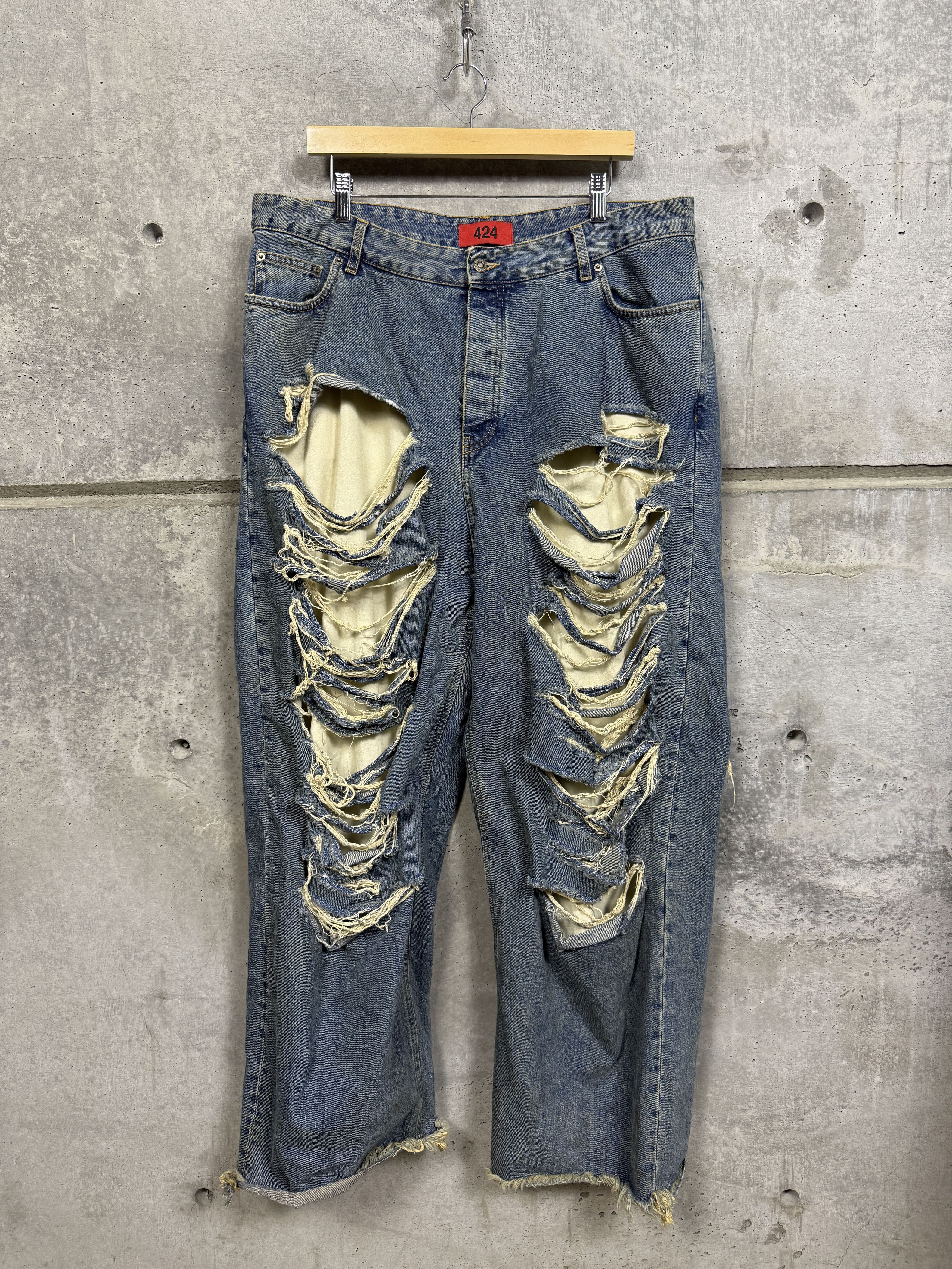 Pre-owned 424 Big Daddy Ripped Denim Jeans In Blue