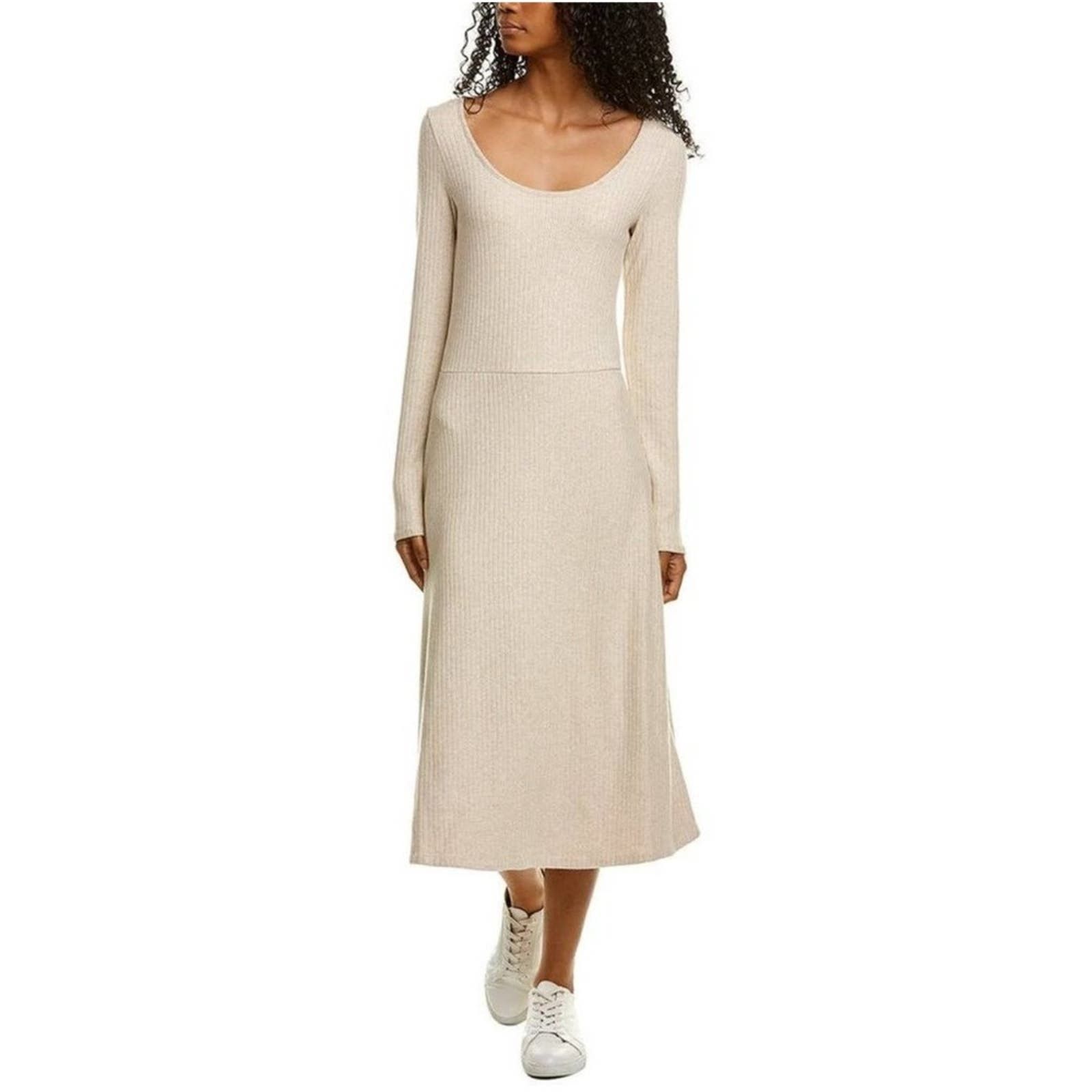 image of Vince Ribbed Scoop Tan Midi Dress, Women's (Size Medium)