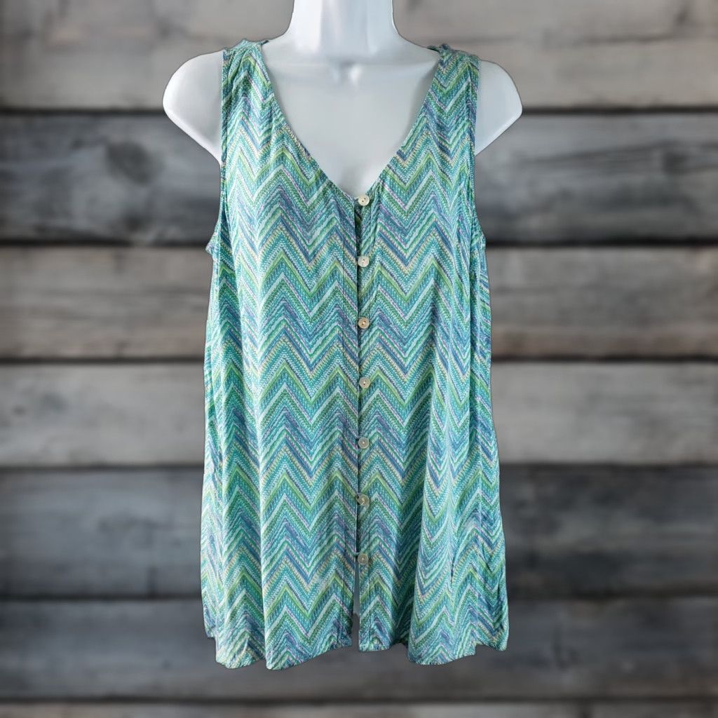 J. Jill J. Jill Womens Button Front Tank Top Sz S V-Neck Sleeveless Green Purple Chevron - 19" Width 24" Length - Basic Rayon Shirt Size S / US 4 / IT 40 - 1 Thumbnail