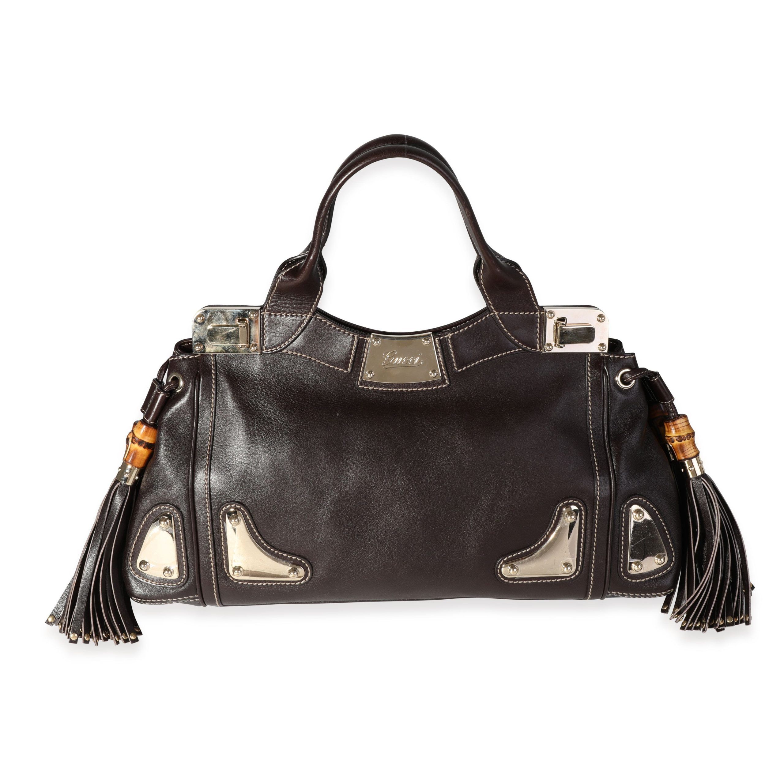 image of Gucci Brown Lambskin Race Bamboo Tassel Tote, Women's