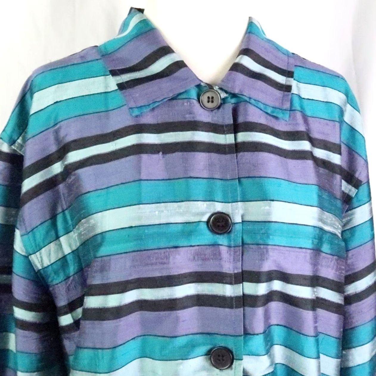 JM Collection VINTAGE JM Collection Jacket Blue Stripe Silk 90s Bohemian Women M Long Sleeve Button Front Casual Workwear Size M / US 6-8 / IT 42-44 - 2 Thumbnail