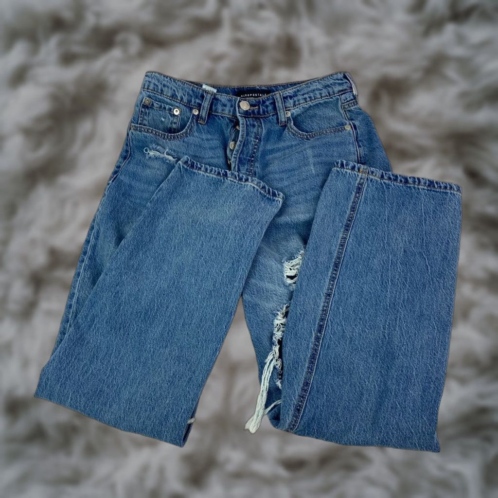 Vintage Aéropostale 90s Baggy Jeans Womens Size 8 High Rise Straight Distressed Button Fly Denim Blue 5-Pocket Design Jeans Womens Size 30" / US 8 / IT 44 - 1 Thumbnail
