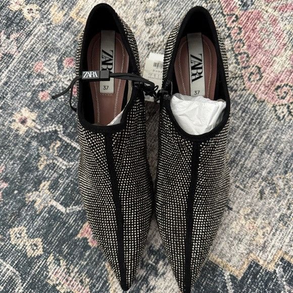Zara Zara Black Textile Silver Rhinestone Kitten Heel Ankle Booti Size US 7 / IT 37 - 9 Thumbnail