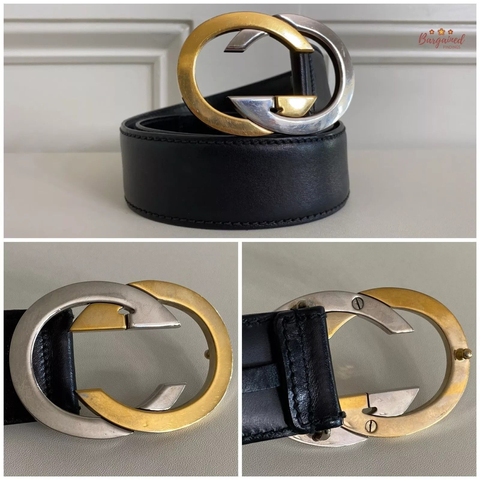 Gucci Gucci Black Leather Gold/Silver Interlocking G Buckle Belt Size 28 - 2 Thumbnail