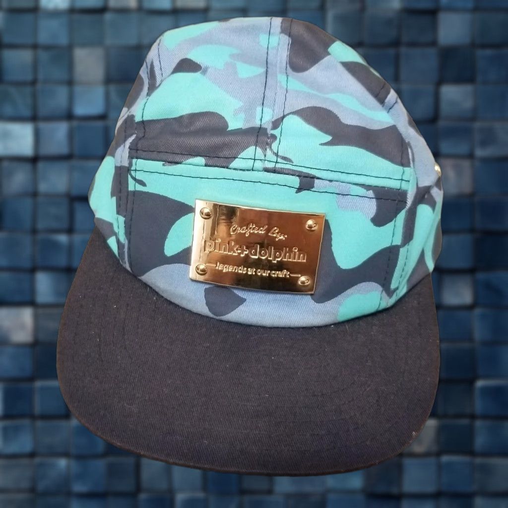 Vintage VINTAGE Pink Dolphin Hat Camp 5 Panel Strap Back One Size Camouflage Teal Black Gold Plaque Mens Size ONE SIZE - 1 Thumbnail