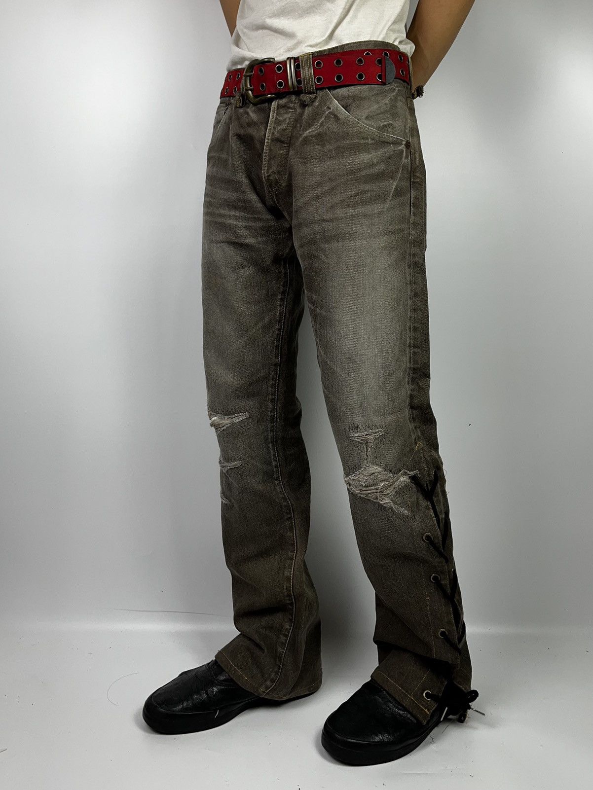 If Six Was Nine lace up trove distress jeans pant ifsixwasnine vkei style Size US 32 / EU 48 - 20 Thumbnail