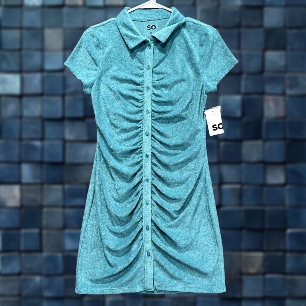 Vintage SO Blue Shirred Polo Dress Juniors M Button Front Stretch Ruched Short Sleeve Size 40" / US 18 - 1 Thumbnail