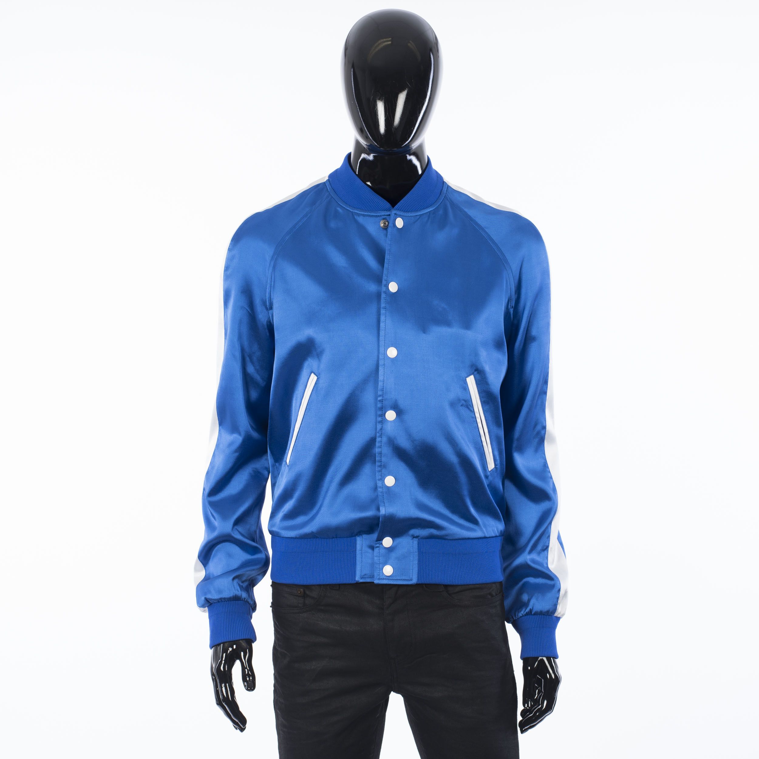 Image of Electric Blue Teddy Jacket In Celine Paris Embroidered Satin, Men's (Size Small)