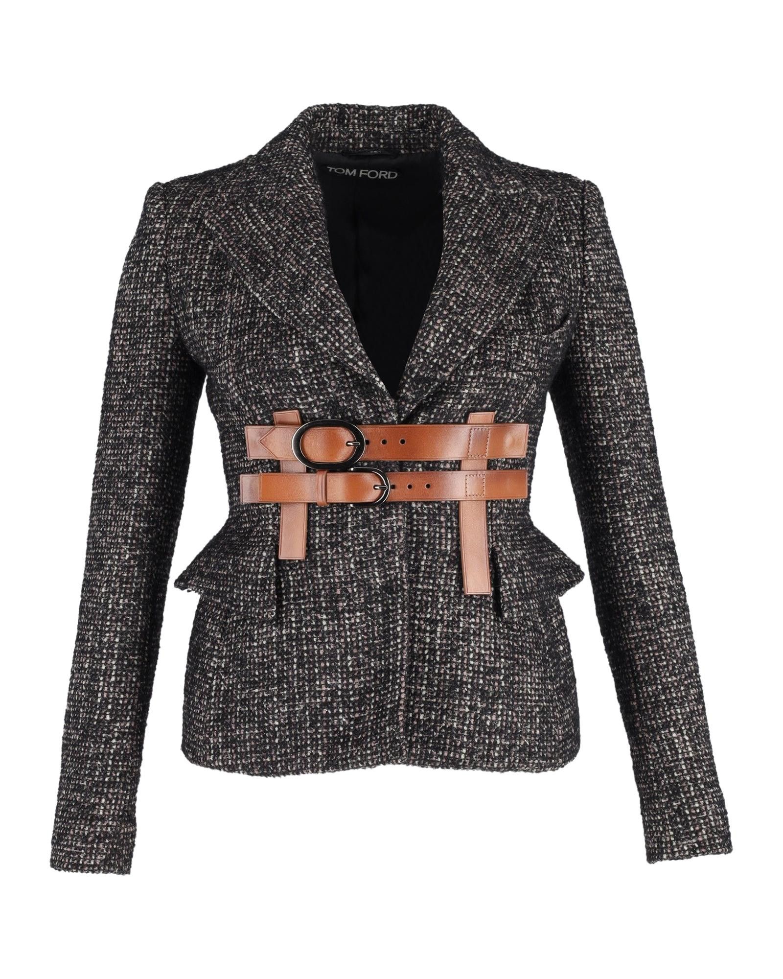 image of Tom Ford Luxury Grey Wool Tweed Jacket With Leather Trim in Brown, Women's (Size XS)