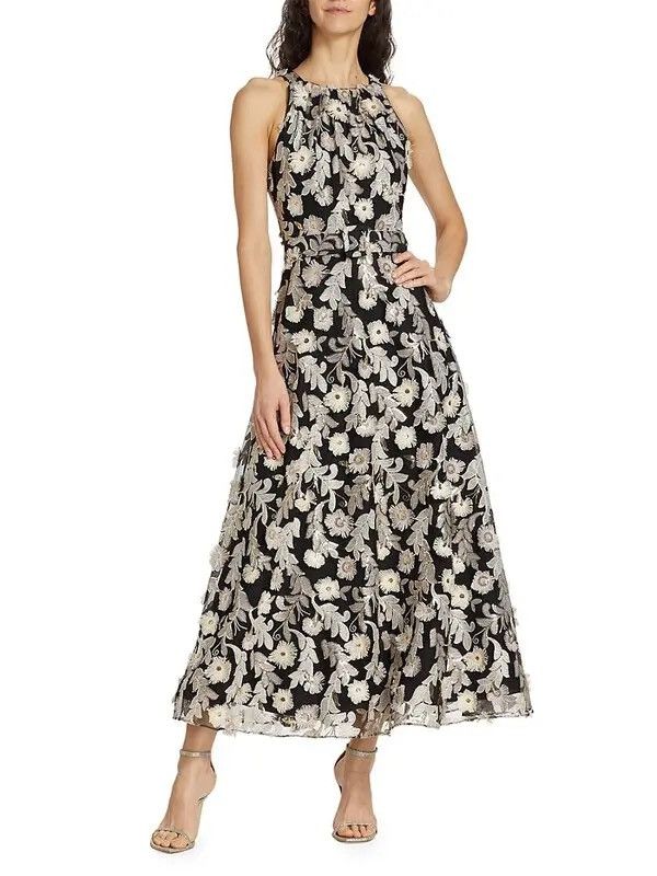 $660 BADGLEY MISCHKA Belted Floral-Embroidered Dress size14