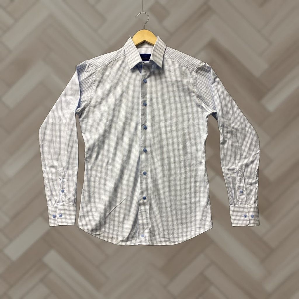 David Donahue David Donahue Dress Shirt Men 15.5 Slim 34/35 White Blue Check Long Sleeve Button Collared Shirt /0461 Size 42R - 1 Thumbnail