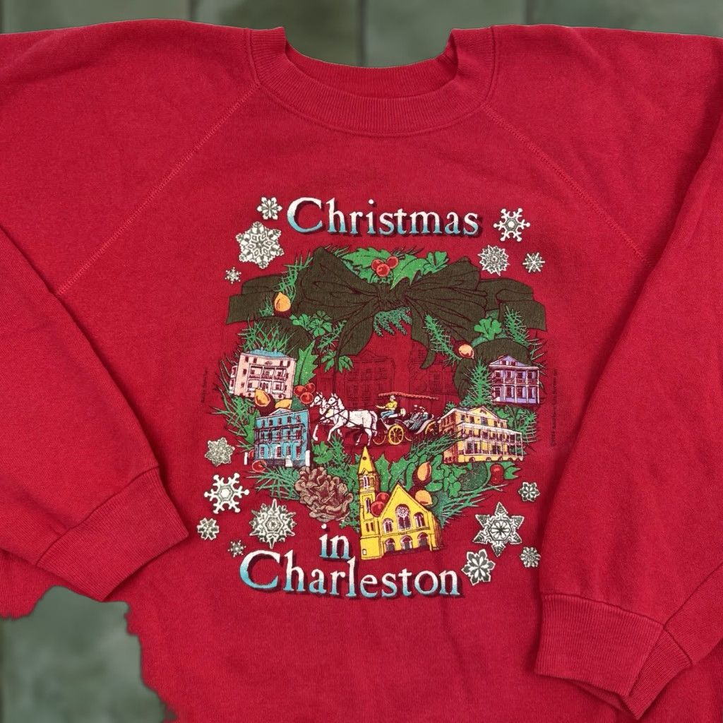 Hanes VINTAGE Hanes Sweatshirt Christmas 80s Charleston SC Men's XL Red Pullover Graphic Print Holiday 1980s Size US XL / EU 56 / 4 - 1 Thumbnail