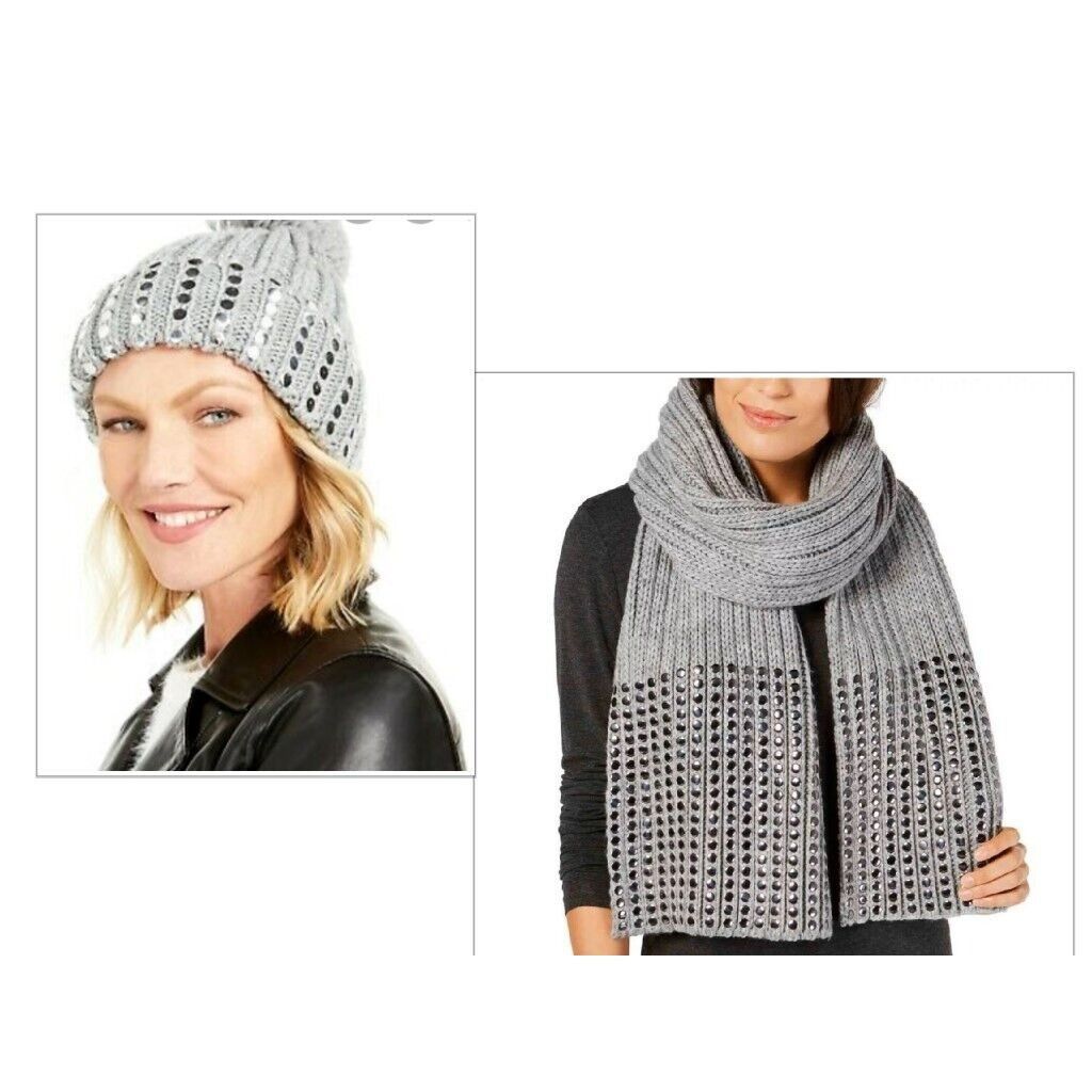 DKNY $98.00 DKNY Flat-Stud Metallic Rib-Knit Scarf and Beanie Com Size ONE SIZE - 1 Thumbnail