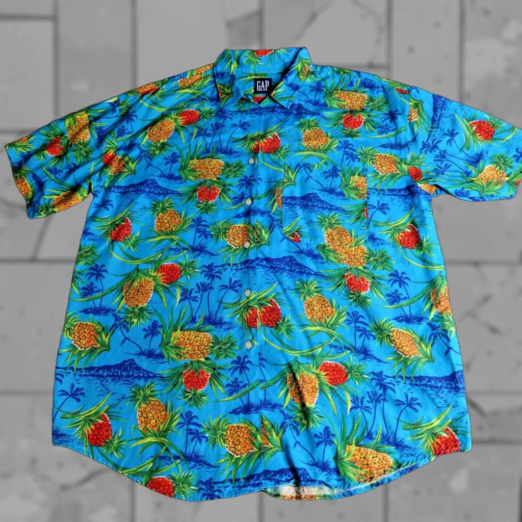Gap VINTAGE Gap Womens Shirt Large Blue Hawaiian AOP Pineapples Loop Collar Size L / US 10 / IT 46 - 1 Thumbnail
