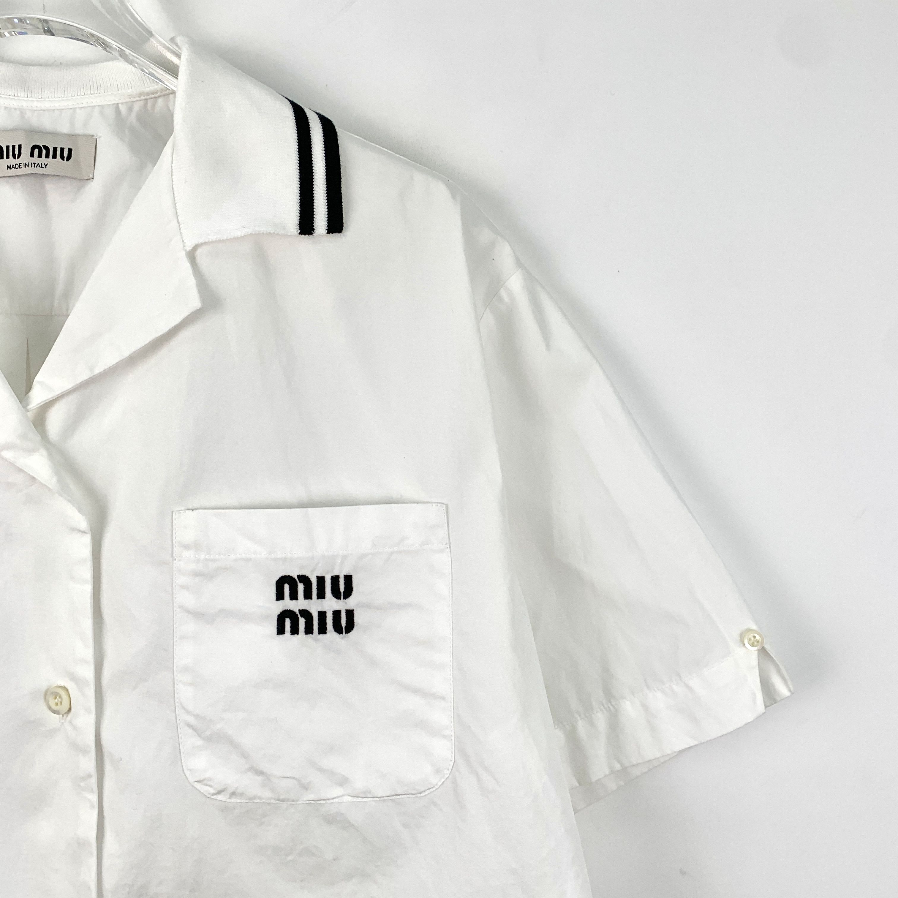 Miu Miu Miu Miu White Logo Embroidered Cotton Polo Shirt (Size S) Size S / US 4 / IT 40 - 7 Thumbnail
