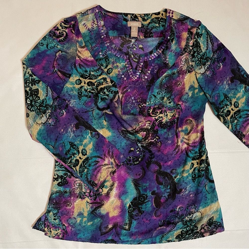 Chicos New Chico's Purple Blue Paisley Sequins Long Sleeve Tunic S Size S / US 4 / IT 40 - 8 Thumbnail