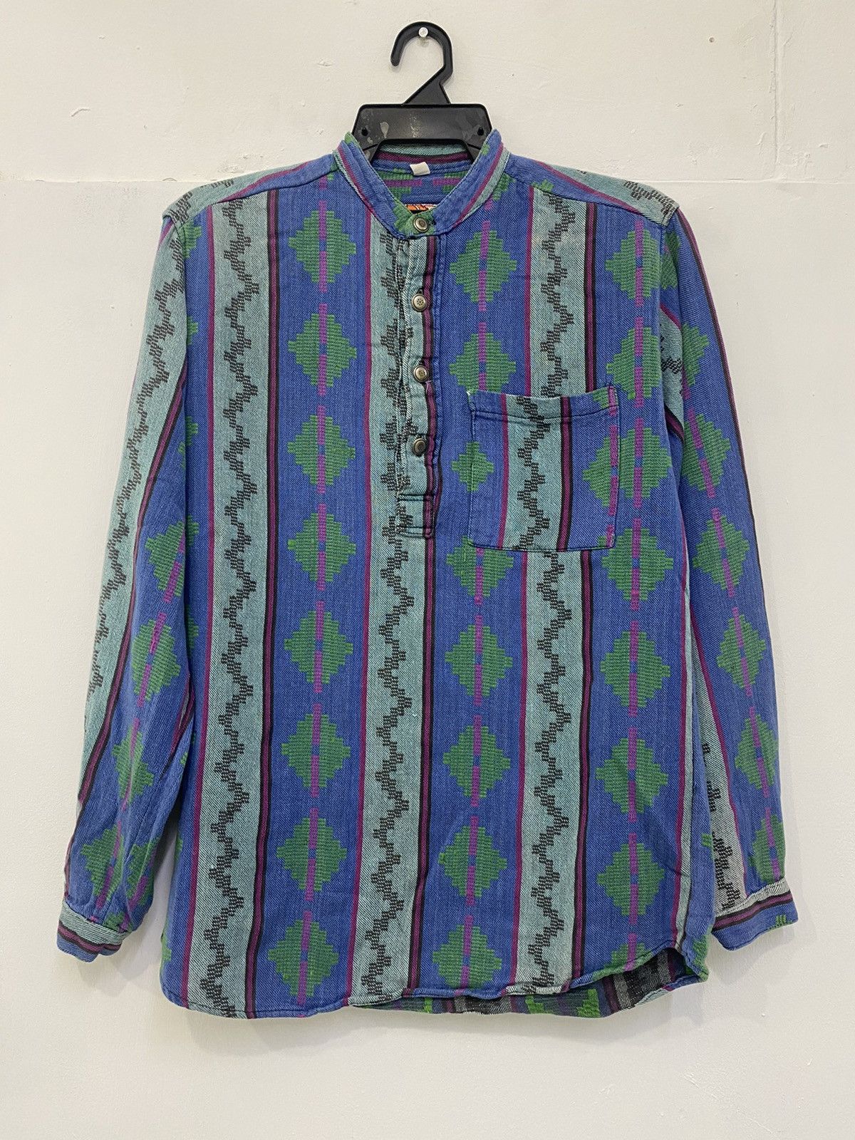 image of Native American Half Button Up By Allen Wah in Light Blue, Men's (Size Small)