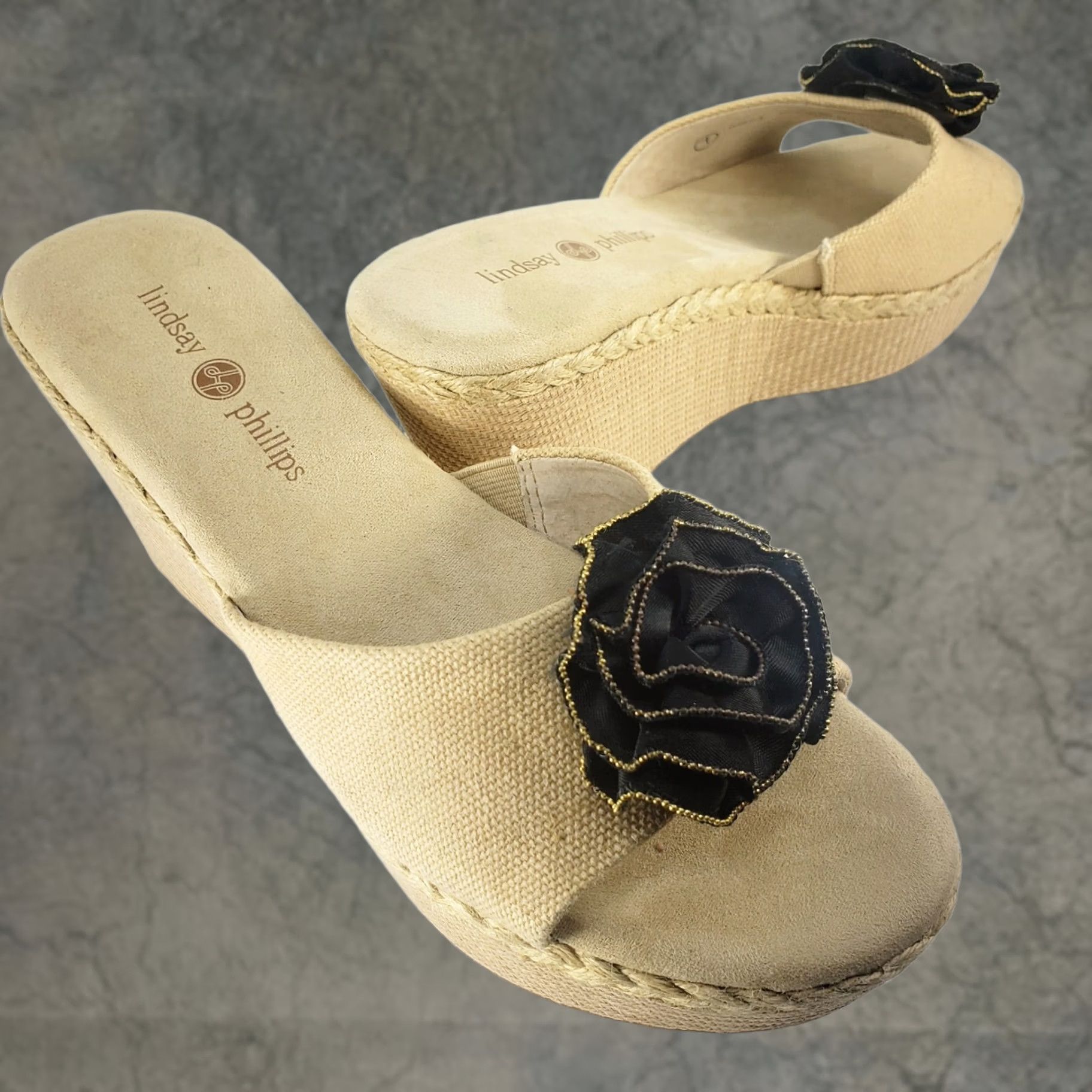 Vintage Lindsay Phillips Wedge Heel Sandals Interchangeable Flower Snaps Womens Sandal 7 Beige Floral Rhinestone Slip On Size US 7 / IT 37 - 1 Thumbnail