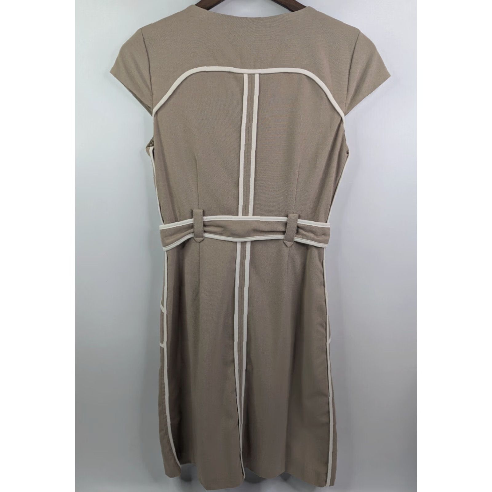 Vintage Sandra Darren Womens Dress Cap Sleeve Belted Midi Sheath Tan 4P Pockets? (Note: cap sleeve, belt, tan, petite) Size S / US 4 / IT 40 - 2 Thumbnail