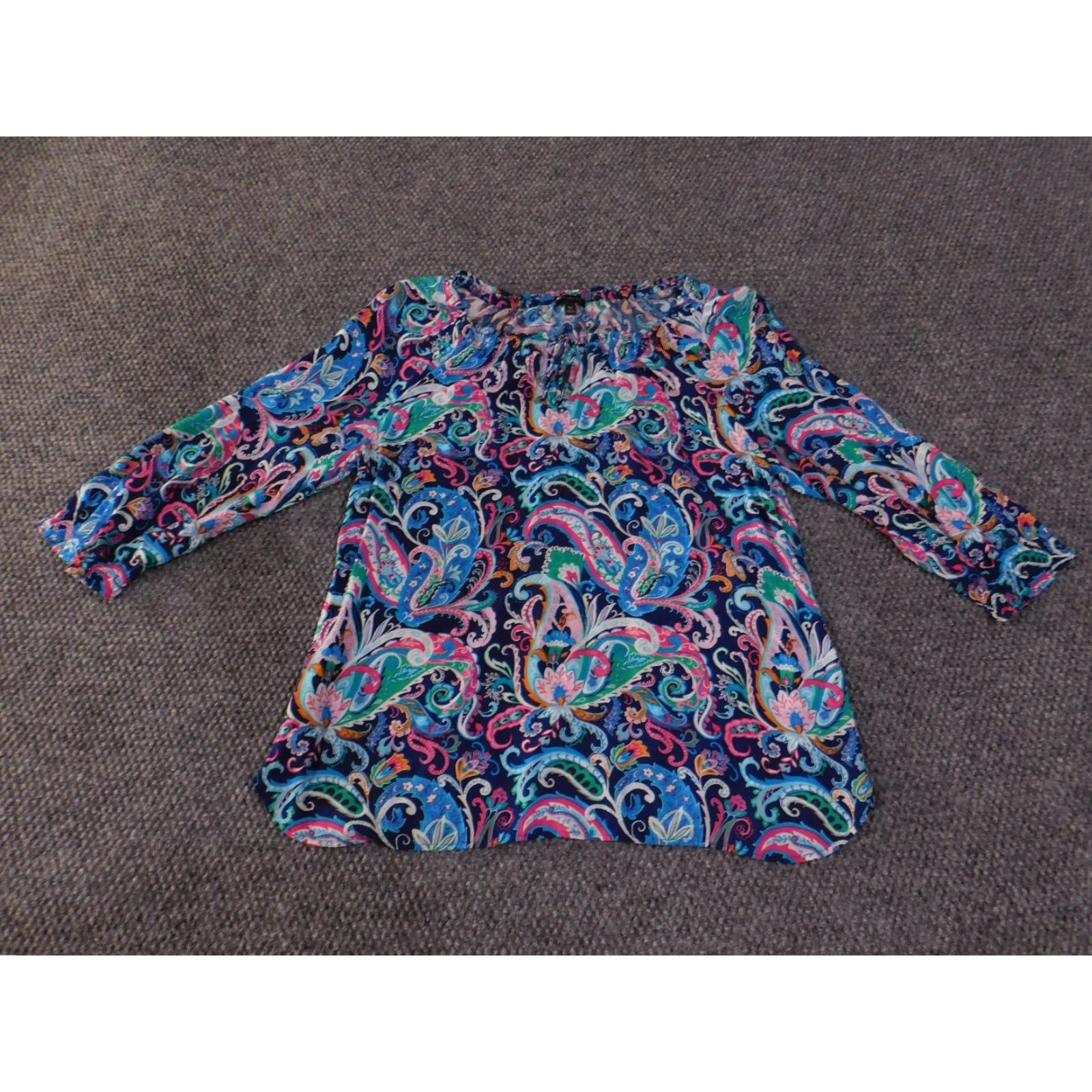 Talbots Talbots Blouse Womens Petite PM Multicolor Paisley 3/4 Sleeve Rayon Top Crew Neck Casual Ladies Regular Blue Links: None Size M / US 6-8 / IT 42-44 - 2 Thumbnail