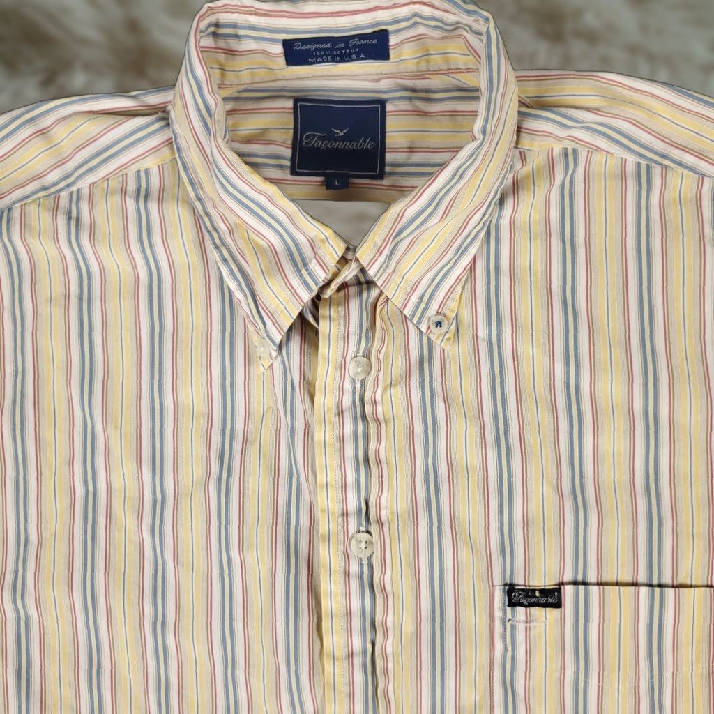 Faconnable Façonnable Yellow Striped Button-Up Shirt Adult Large Casual Short Sleeve Mens Size US L / EU 52-54 / 3 - 1 Thumbnail