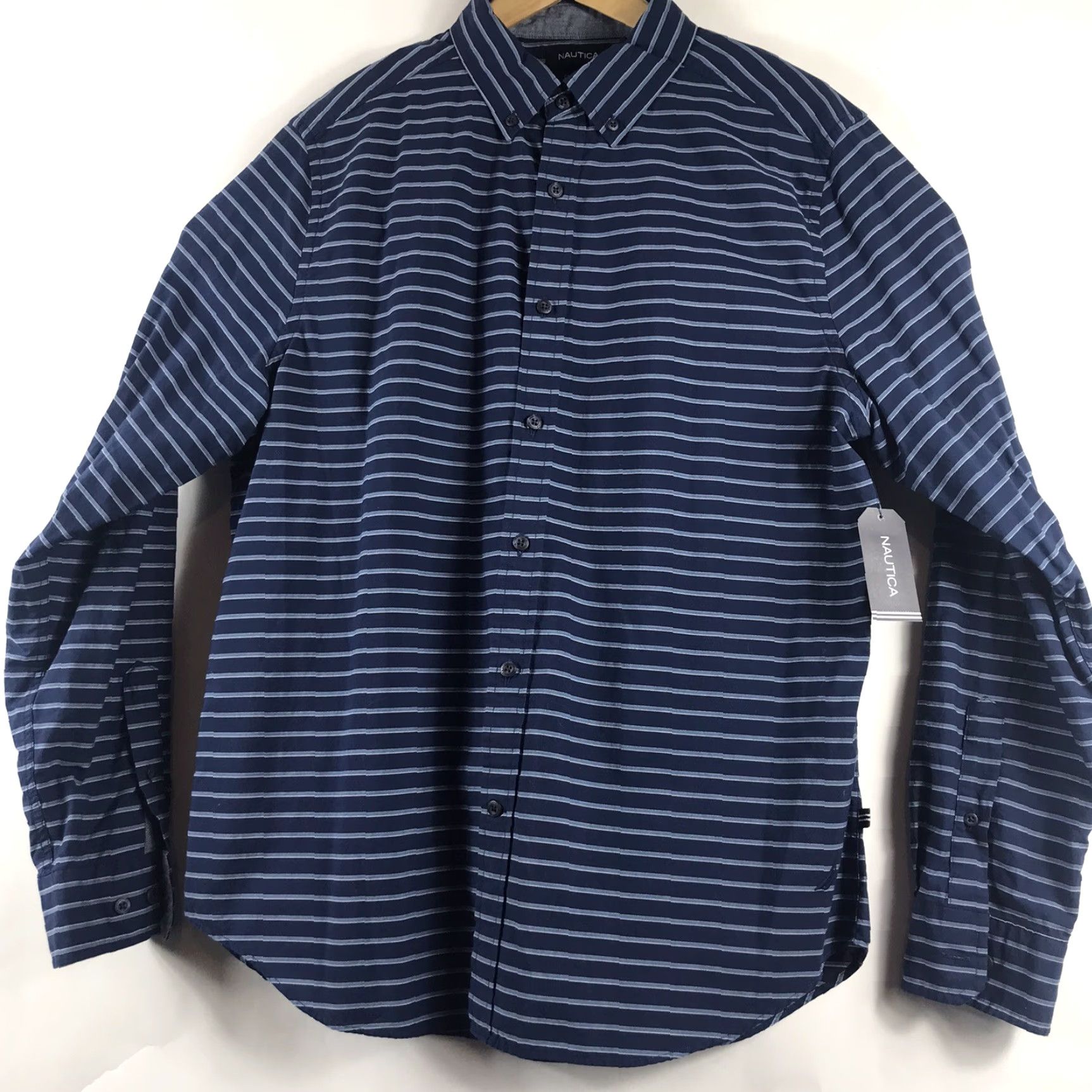Nautica Shirt Mens Large Long Sleeve Button-Down Striped Classic Fit Blue Marine Blue Cotton 100% NWT