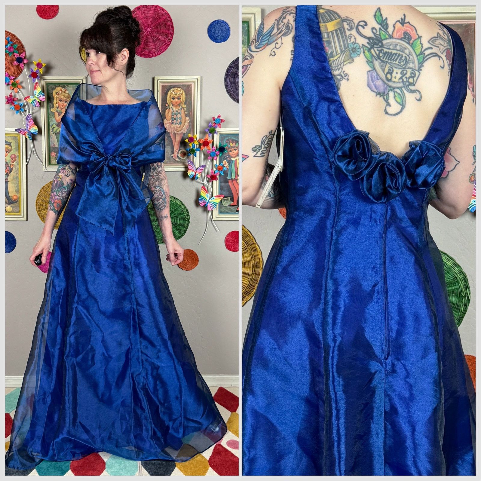image of Vintage 1980S Royal Blue Organza Sleeveless Gown With Wrap, Women's (Size Medium)