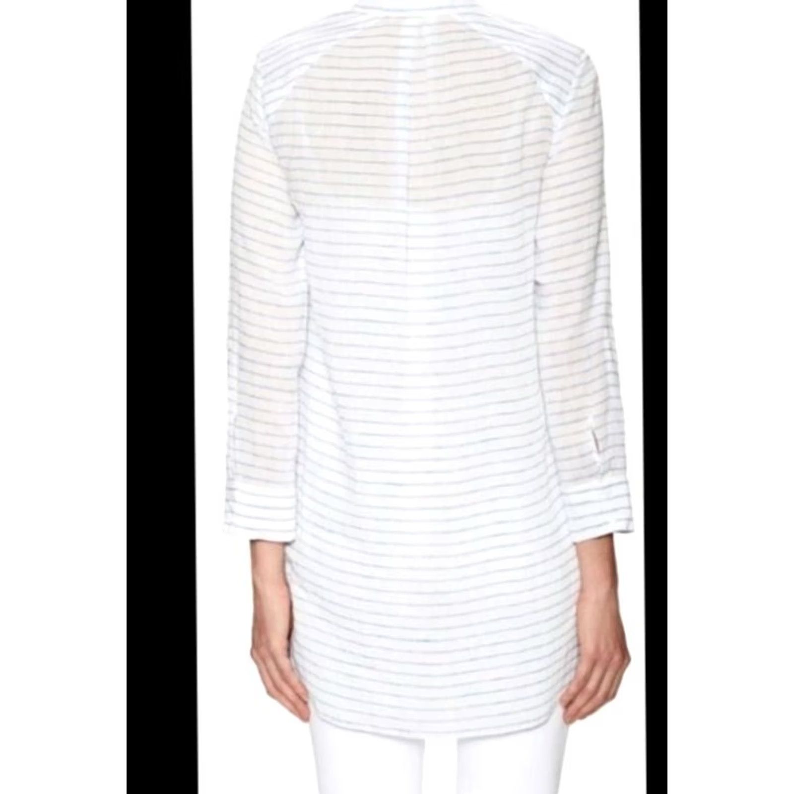 Alice + Olivia ALICE & OLIVIA Button-Up Shirt Women S Striped Long Sleeve Tunic Blue/White Linen/Cotton V-Neck Tie Cuffs Casual Modern 90s? Size S / US 4 / IT 40 - 3 Thumbnail