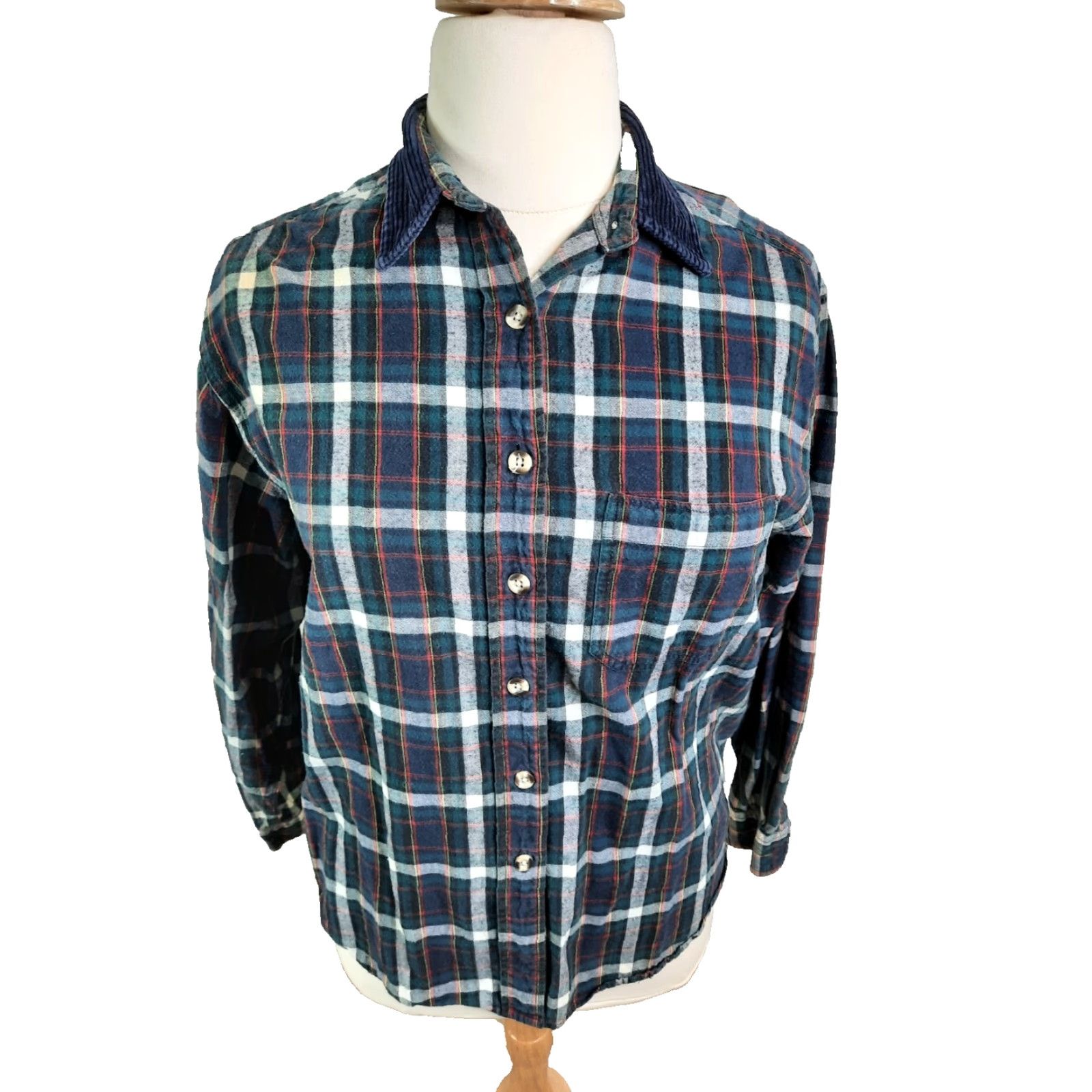 Vintage VINTAGE 90s Plaid Shirt Women's Blue Corduroy Collar Long Sleeve Grunge Large Size L / US 10 / IT 46 - 2 Thumbnail