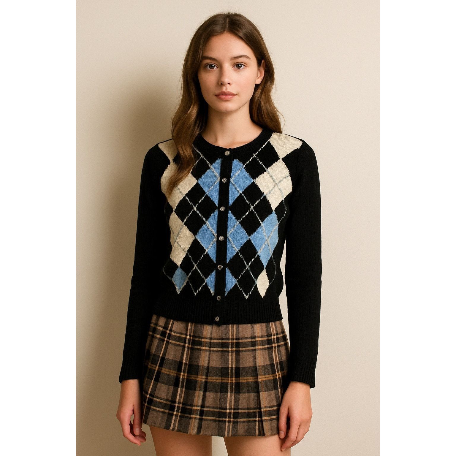 Other Preppy Y2K Black Blue Argyle Cardigan Moda International M Size M / US 6-8 / IT 42-44 - 1 Thumbnail