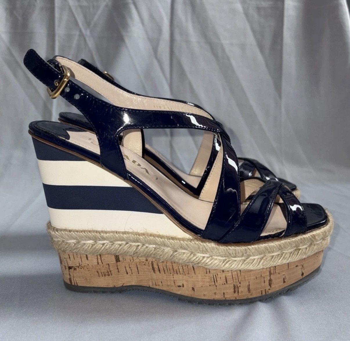 Prada Prada Navy White Stripes Patent Leather Wedge Sandals 38eu Size US 8 / IT 38 - 11 Thumbnail