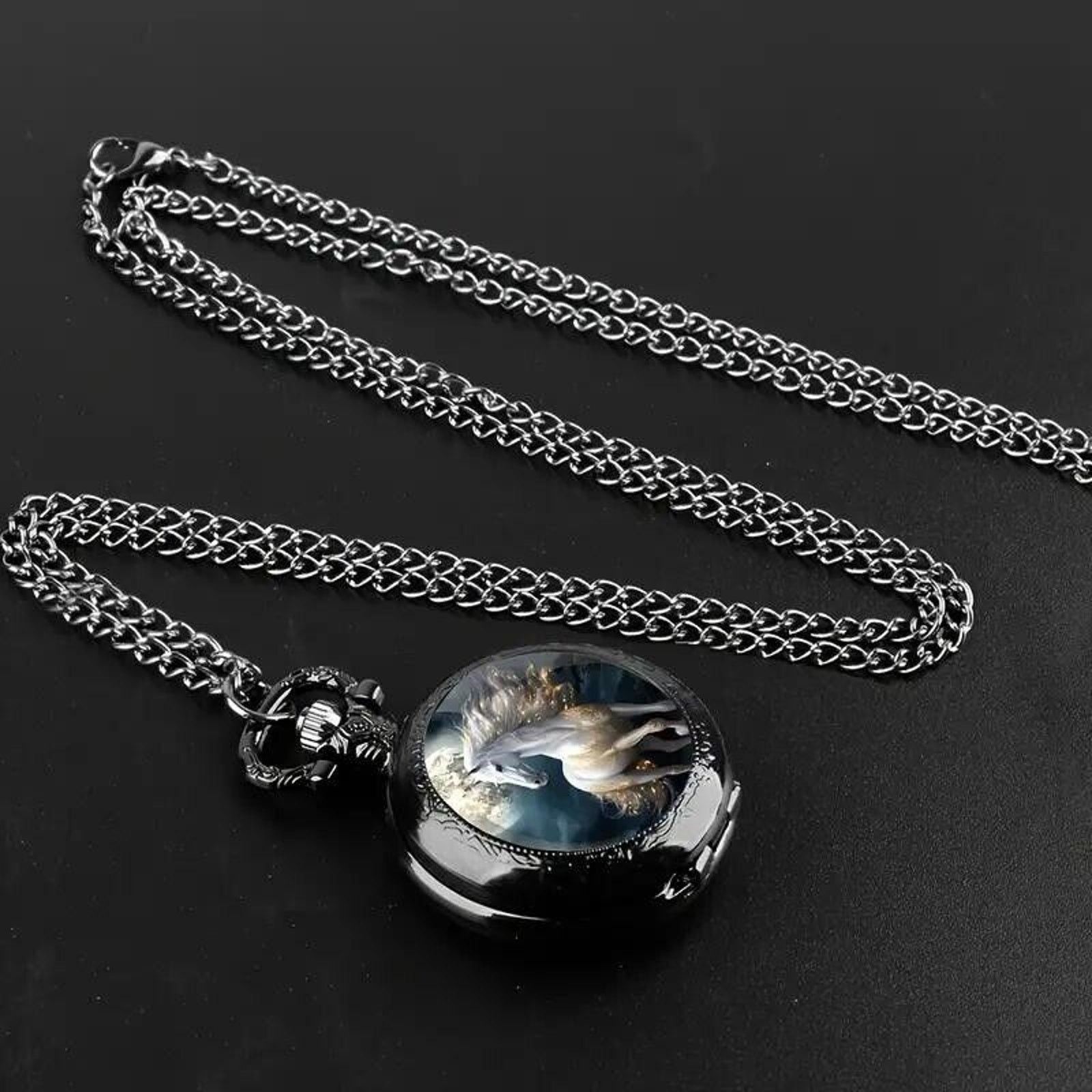 Other White Arab Horse Quartz Pocket Watch • Flowing Mane • Moon Size ONE SIZE - 6 Thumbnail