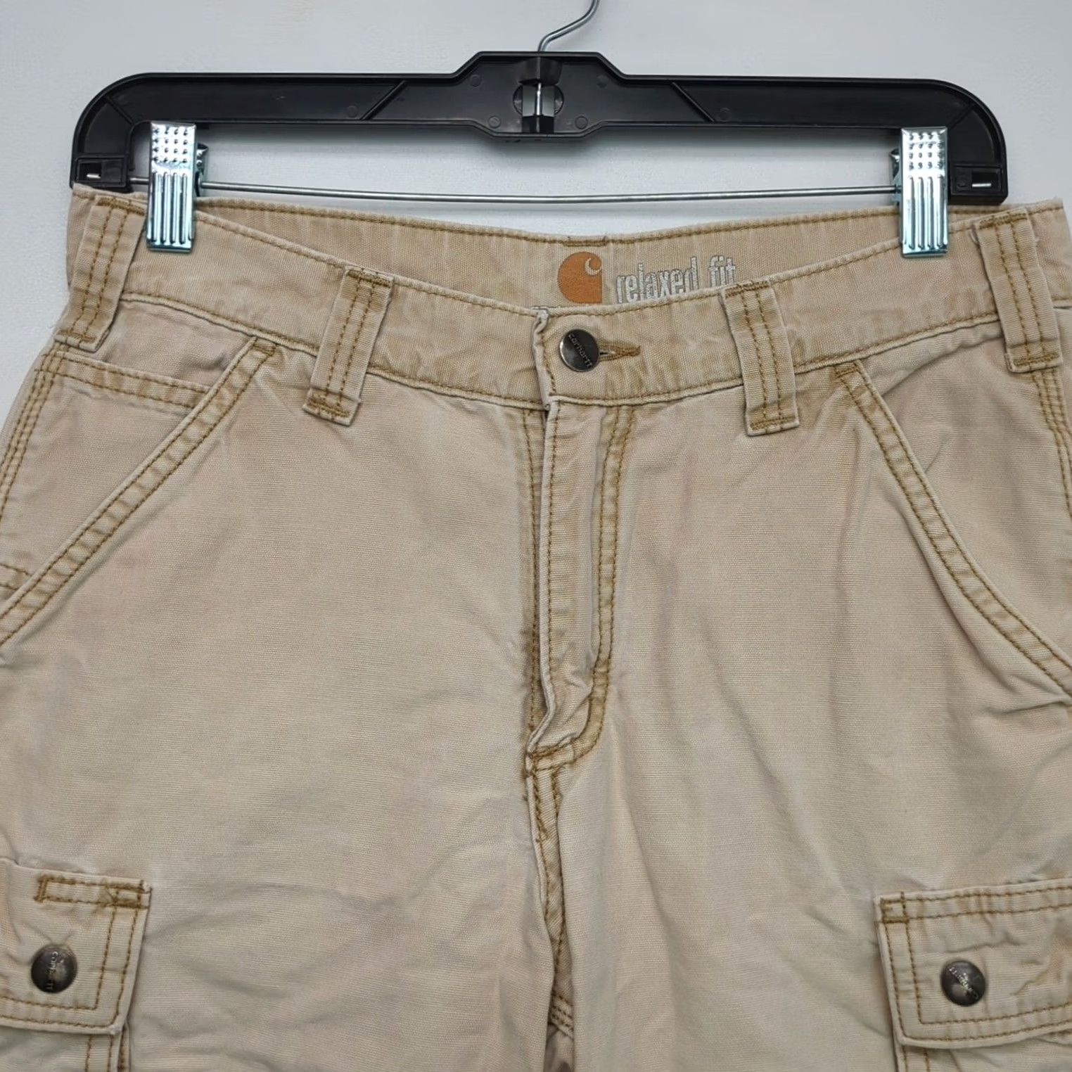 Carhartt Carhartt Cargo Shorts Mens 29 Relaxed Fit Workwear Beige Canvas 5-Pocket Zipper Button Carhartt Logo Belt Loops Front Flat Front Linen? Size US 29 - 3 Thumbnail