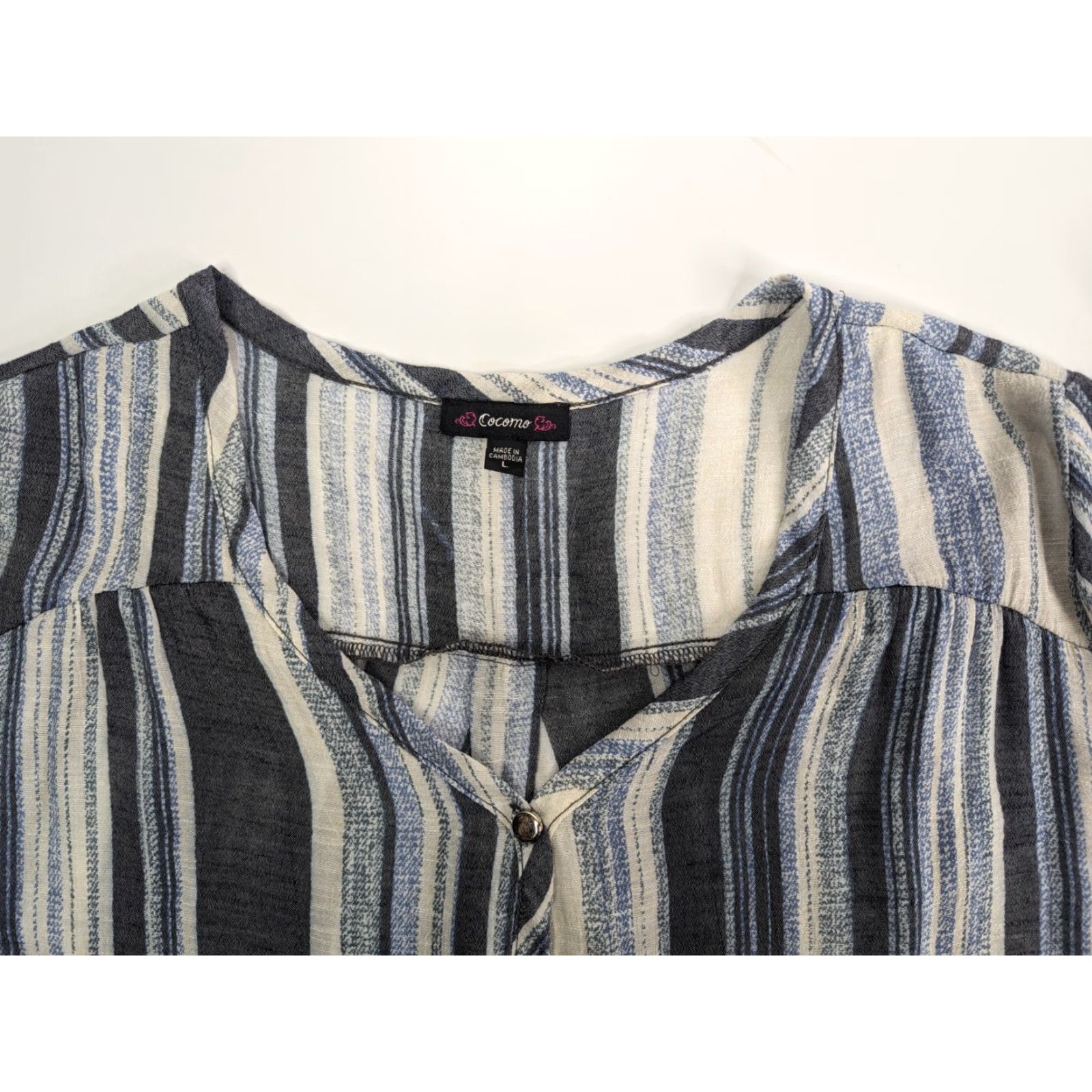 Vintage Cocomo Shirt Women L Beige Blue Striped Tie Waist Roll Tab Sleeve V-Neck Casual Workwear Size L / US 10 / IT 46 - 5 Thumbnail