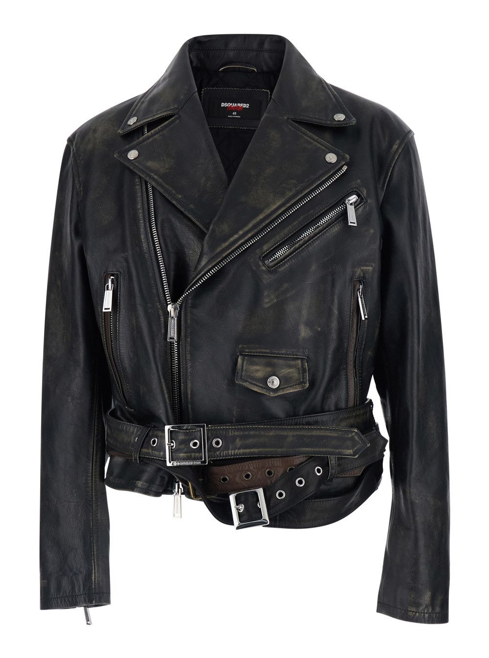 Dsquared2 'D2 x Magliano' Black Biker Jacket with Wide Classic Lapels and Logoed Belt at the Waist in Leather Man Size US M / EU 48-50 / 2 - 1 Thumbnail