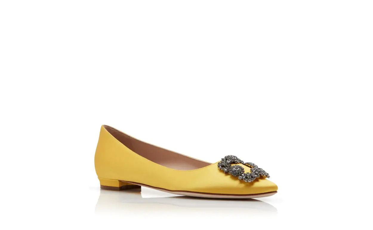image of Manolo Blahnik Yellow Satin Jewel Buckle Flat Pumps, Women's (Size 8)