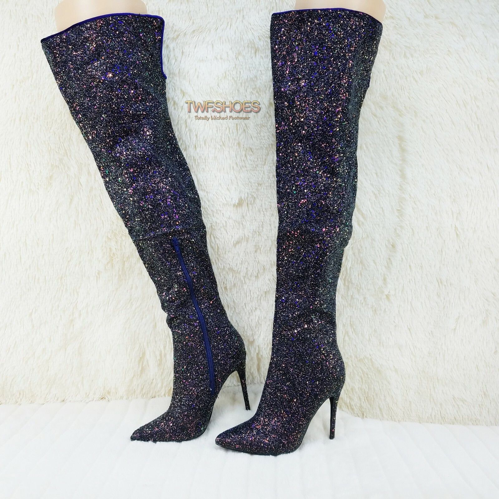 Other Courtly Black Multi Color Glitter 3015 Thigh High Boots 5" Size US 12 / IT 42 - 2 Thumbnail