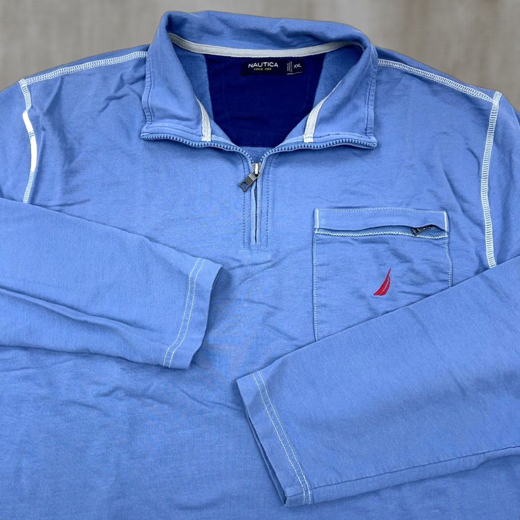 Nautica Nautica Sweater Men 2XL Blue Pullover 1/4 Zip Mock Neck Lightweight Knit Zipper Logo Pocket Casual Golf Walking Vintage? Size US XXL / EU 58 / 5 - 1 Thumbnail