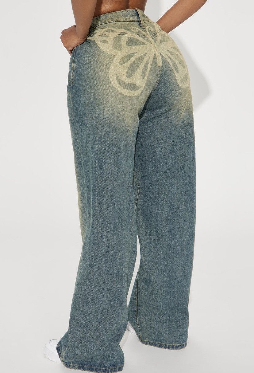 Fashion Nova Heart Flutters Butterfly Baggy Jeans | Medium Wash Size 36" / US 14 / IT 50 - 1 Thumbnail