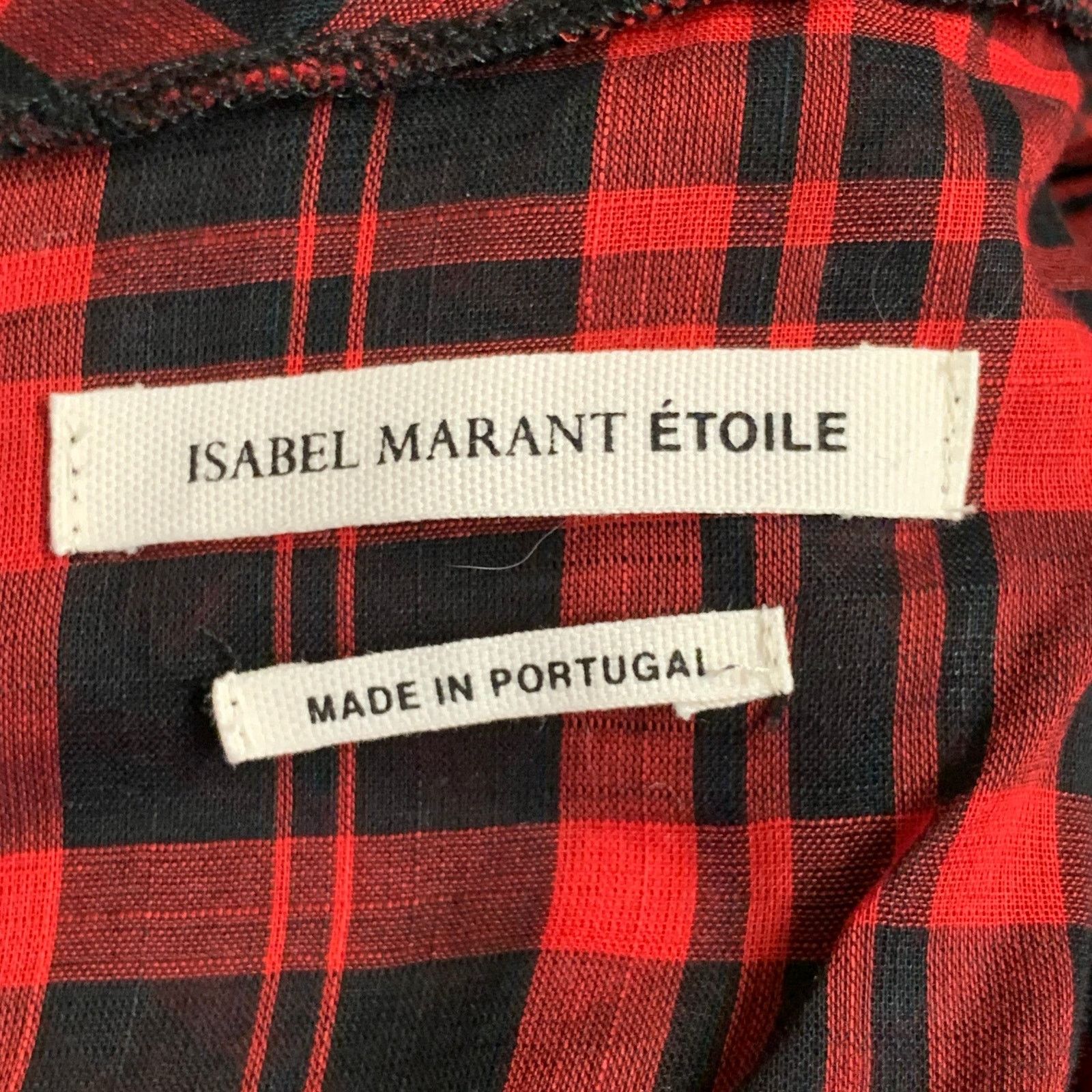 Isabel Marant Etoile Size XS Red Black Cotton Plaid Short Sleeve Ruched Dress Size XS / US 0-2 / IT 36-38 - 5 Thumbnail