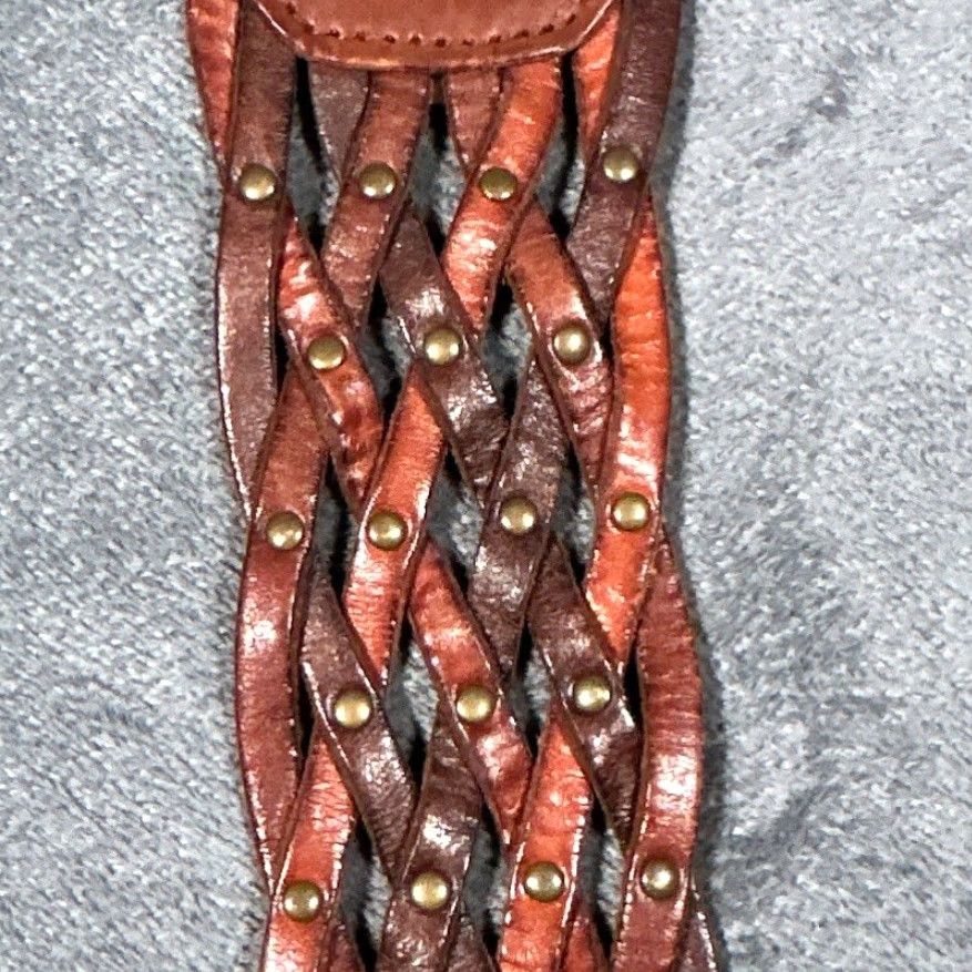Fossil VINTAGE Fossil Leather Belt Women Large Wide Brass Studded Boho Woven Pattern Size ONE SIZE - 3 Thumbnail
