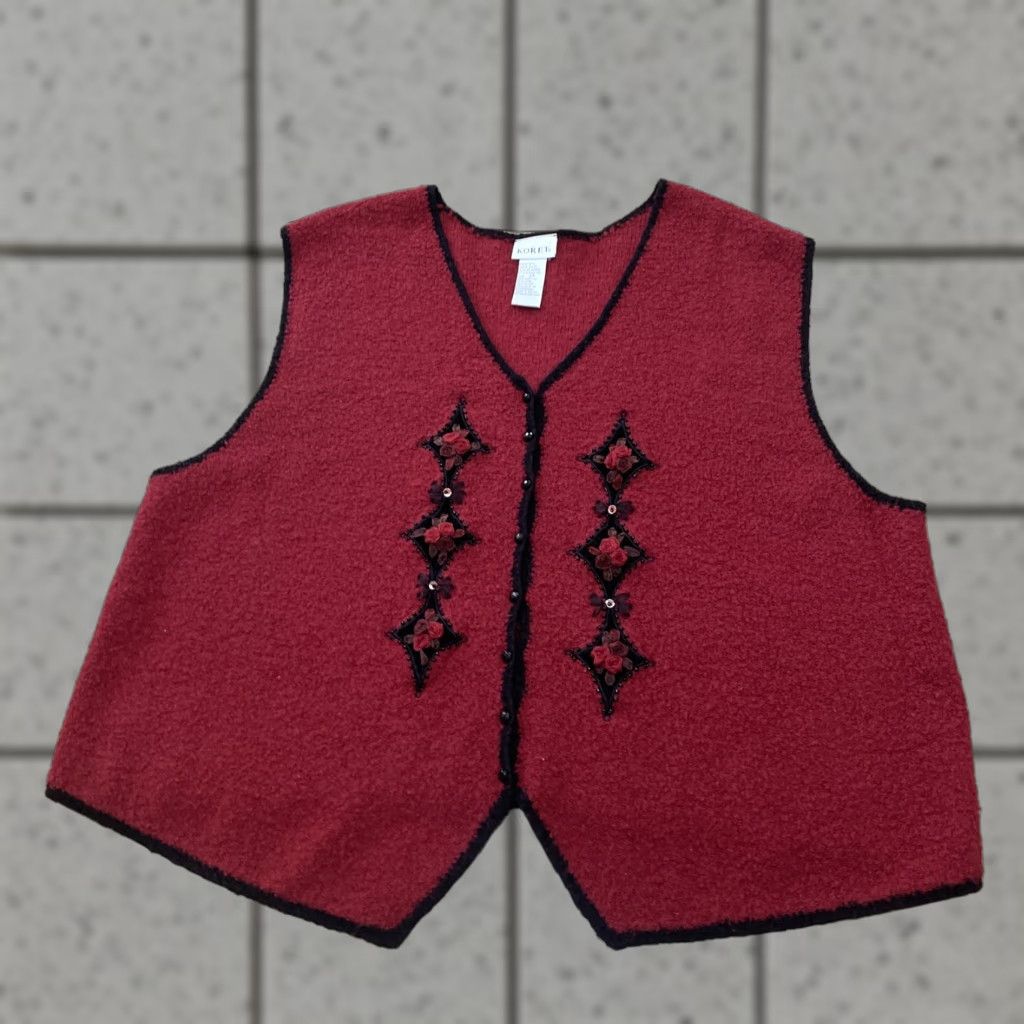 Vintage Koret Vest Sweater 2X Womens Wool Red Floral Beaded 3D Art Vintage 90s Knit V-Neck Sleeveless Vintage Size XXL / US 16-18 / IT 52-54 - 1 Thumbnail