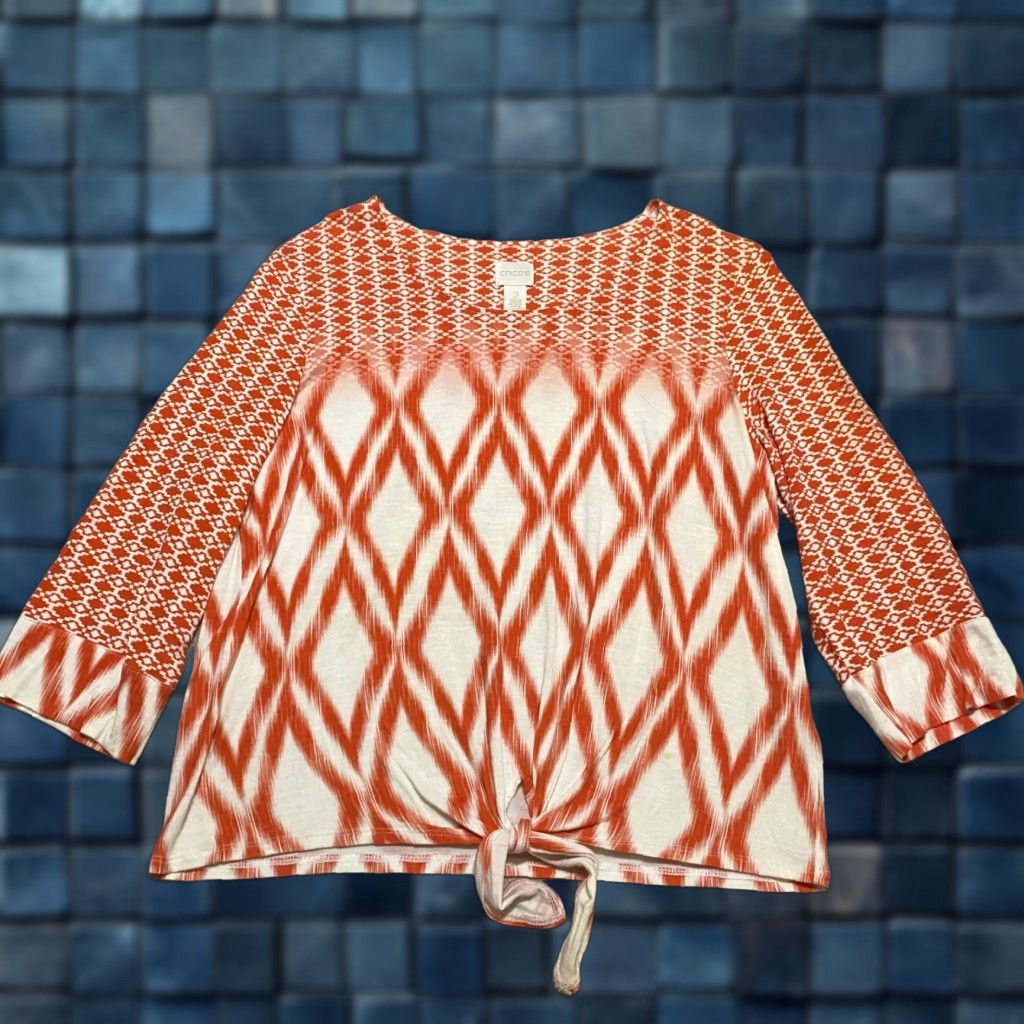 Vintage Chico's Womens Shirt Orange Geometric Round Neck 3/4 Sleeve Pullover L Casual Size L / US 10 / IT 46 - 1 Thumbnail
