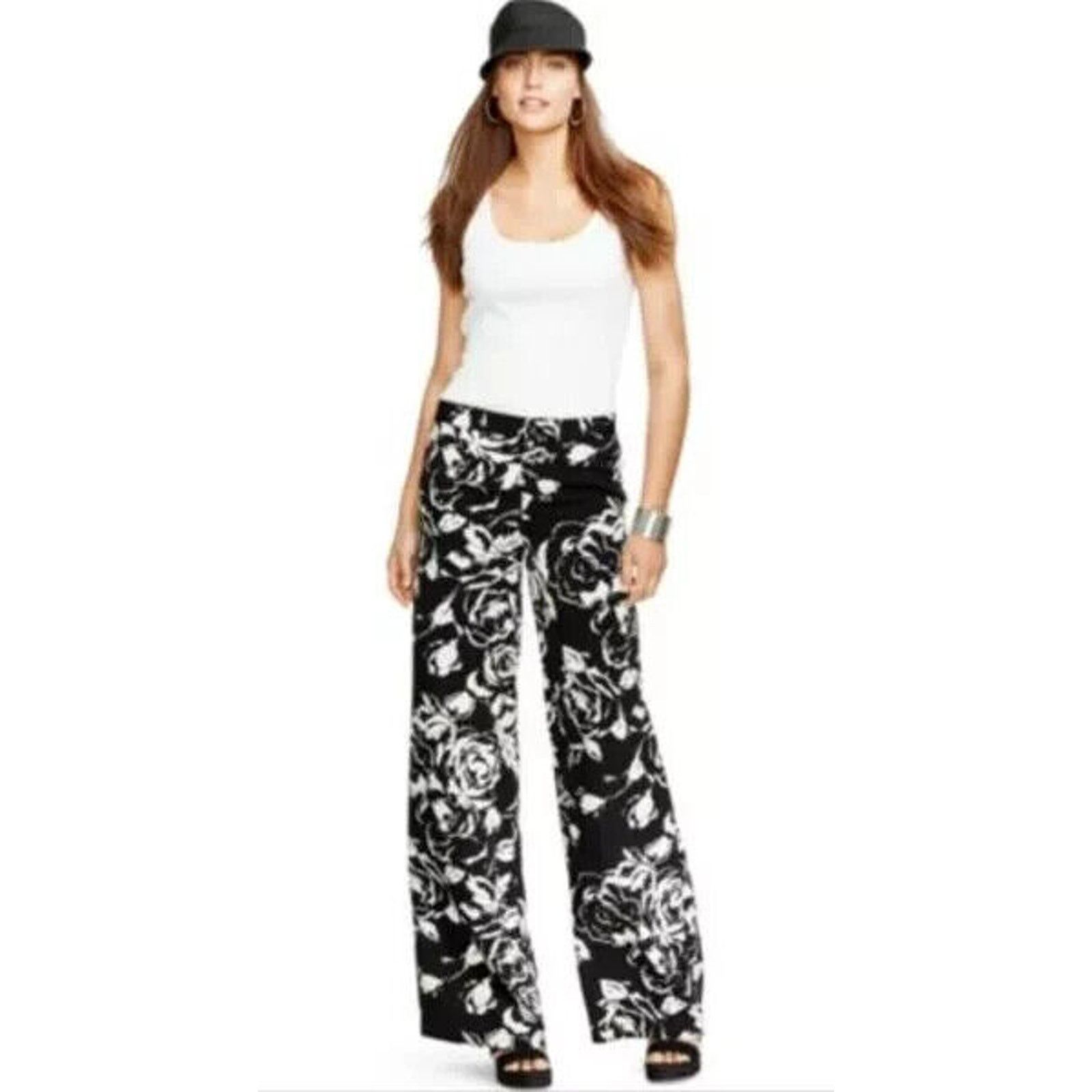 Ralph Lauren Black Label RALPH LAUREN BLACK & WHITE FLORAL PRINT WIDE LEG PANTS SZ 10 Size 32" / US 10 / IT 46 - 1 Thumbnail