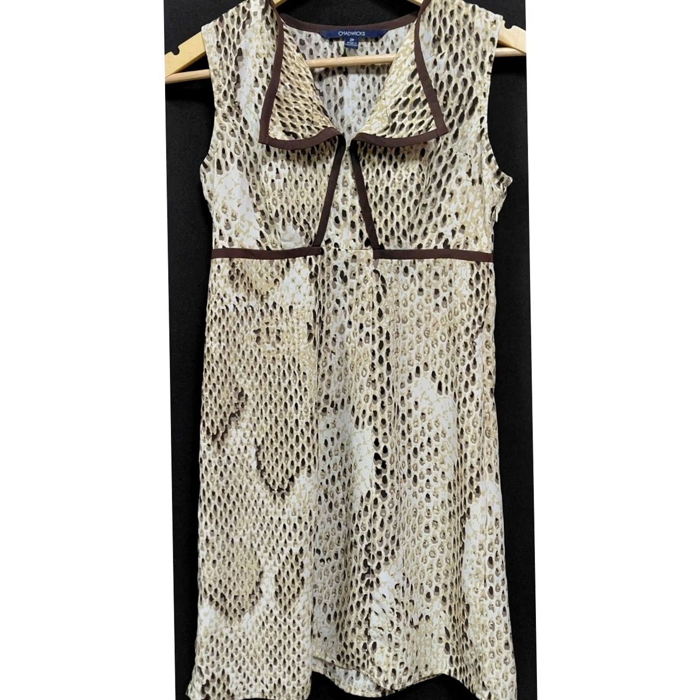 Vintage Chadwicks Snake Print Sleeveless Dress Collared, Knee Length, 2P Petite, Brown, Women, Polyester, Casual Workwear, Spring Summer, Machine Washable Size XS / US 0-2 / IT 36-38 - 2 Thumbnail
