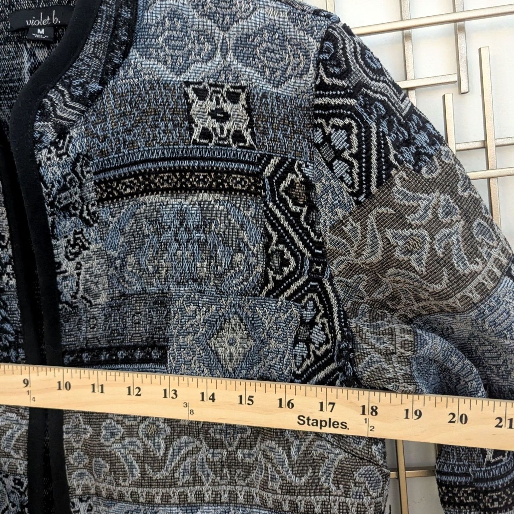 Vintage Violet B Patchwork Tapestry Collarless Open Front Jacket Blue Grey Women's Sz M Size M / US 6-8 / IT 42-44 - 8 Thumbnail