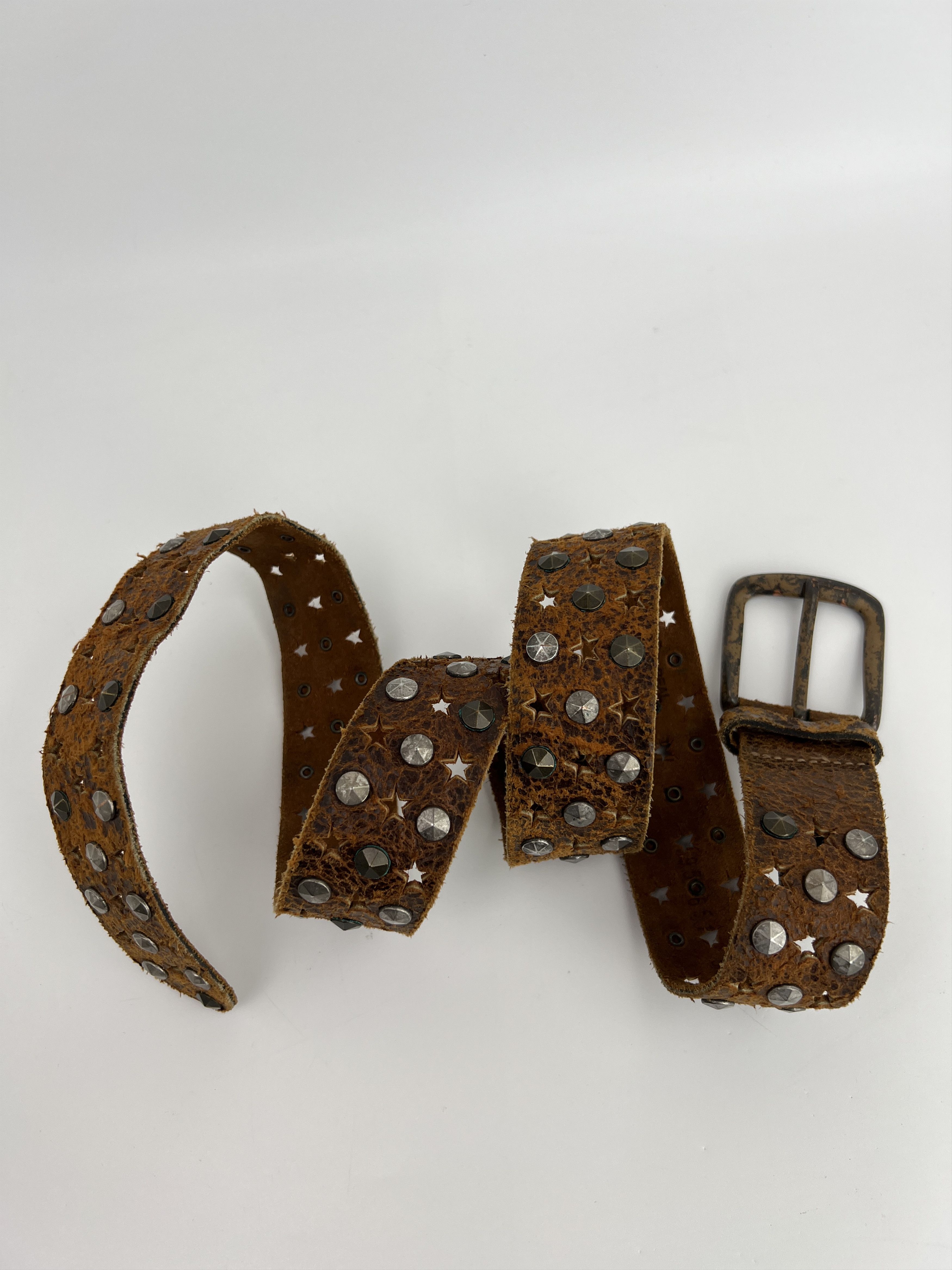 Vintage Y2K Brown Leather Rhinestones Studded Belt Size ONE SIZE - 3 Thumbnail