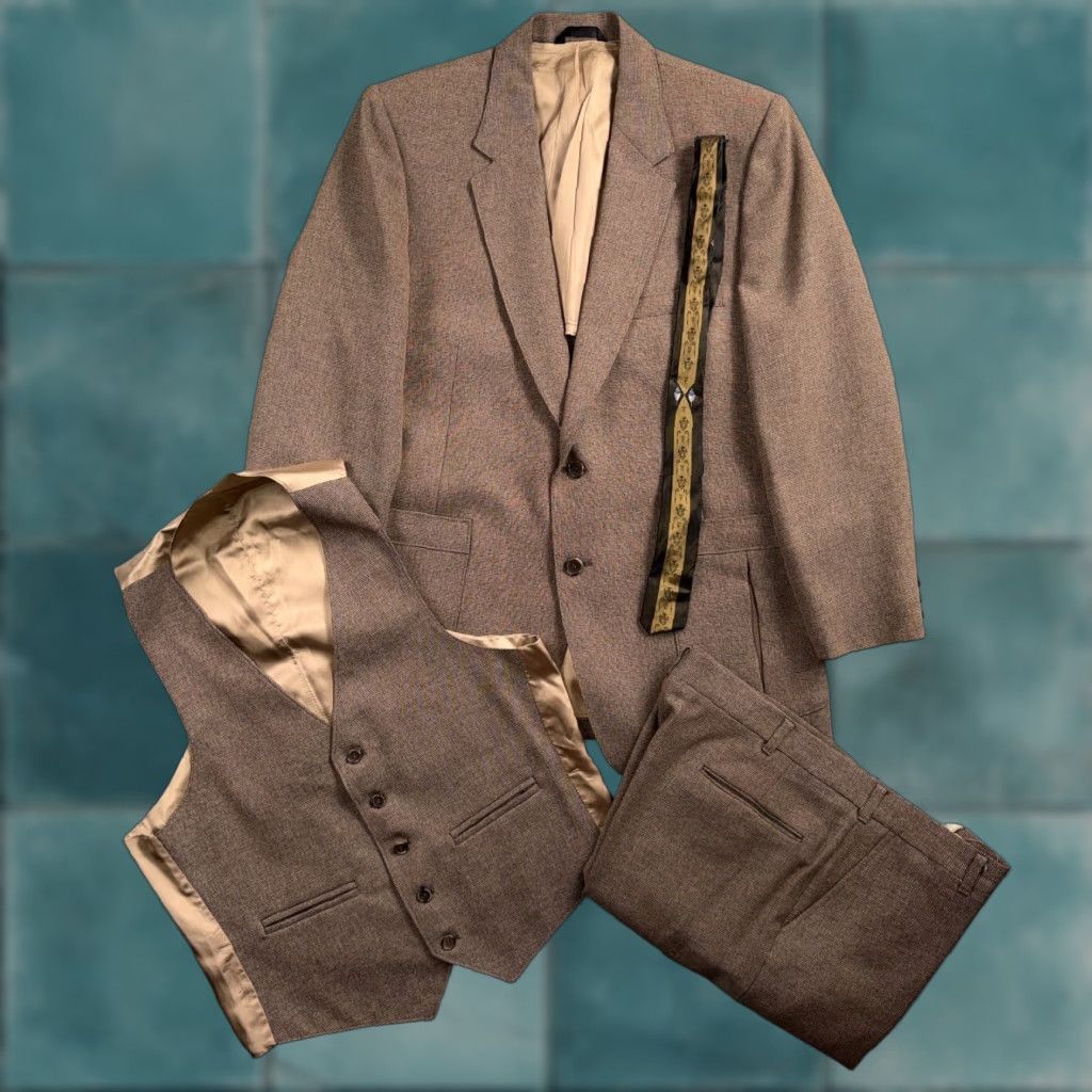 Vintage VTG Mens 3 PC Suit Jacket Coat Pants Vest Plaid 70s 1970s Brown Rockabilly Vintage Mens 40 Jacket Coat Pants Vest Brown Pru 40 Mens Size 40R - 1 Thumbnail